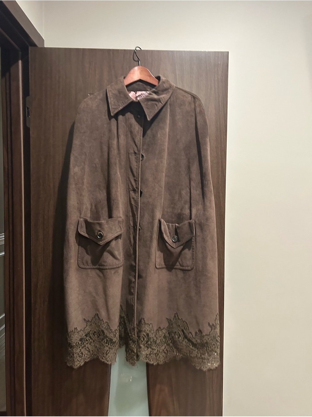 RED Valentino Brown Suede Lace-Hem Cape Coat